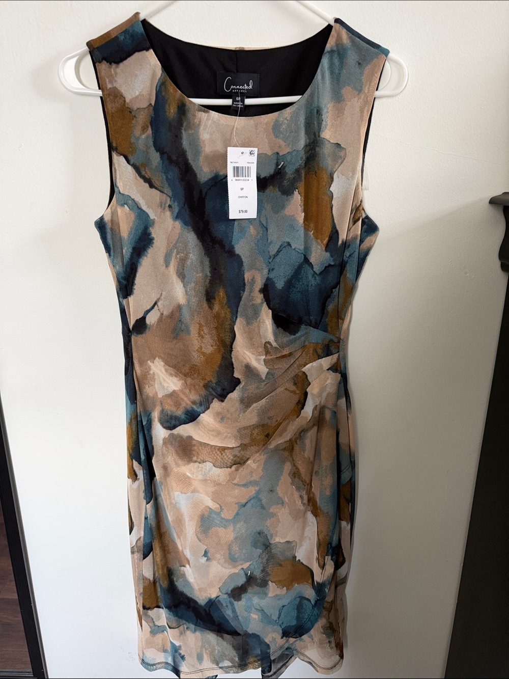 connected apparel Abstract Watercolor Sheath Dress in Blue, Tan & Cream